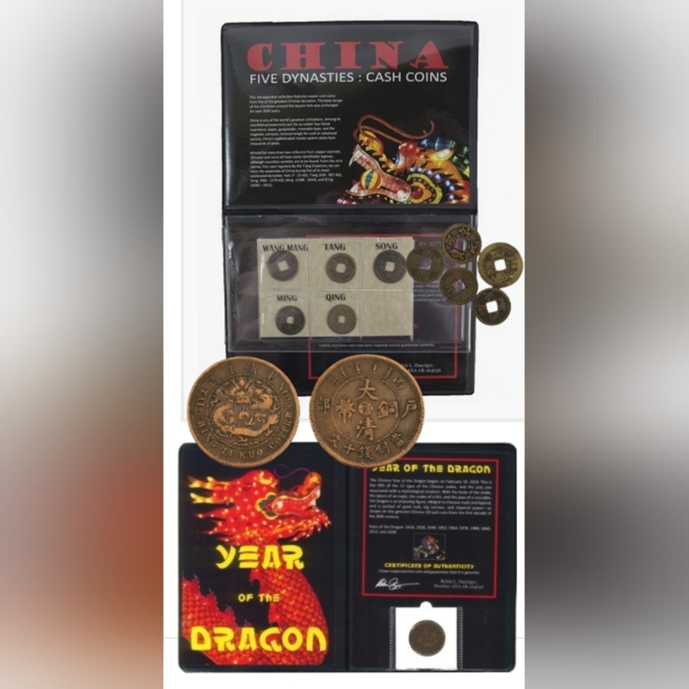 Vintage Year of the Dragon 10 cash coin & China cash coins albums. Certified.